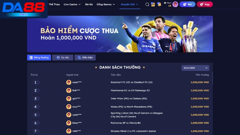 Khuyến mãi DA88 hoàn trả thua cược mỗi lần 1 triệu đồng Khuyến mãi DA88 hoàn trả thua cược mỗi lần 1 triệu đồng