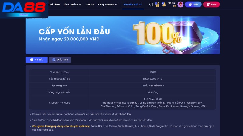 Khuyến mãi DA88 nạp tiền lần đầu nhận thưởng 2 triệu đồng Khuyến mãi DA88 nạp tiền lần đầu nhận thưởng 2 triệu đồng